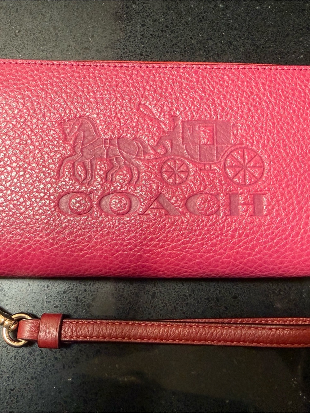 Coach Pebbled Leather Wristlet in Hot Pink with Brown Strap